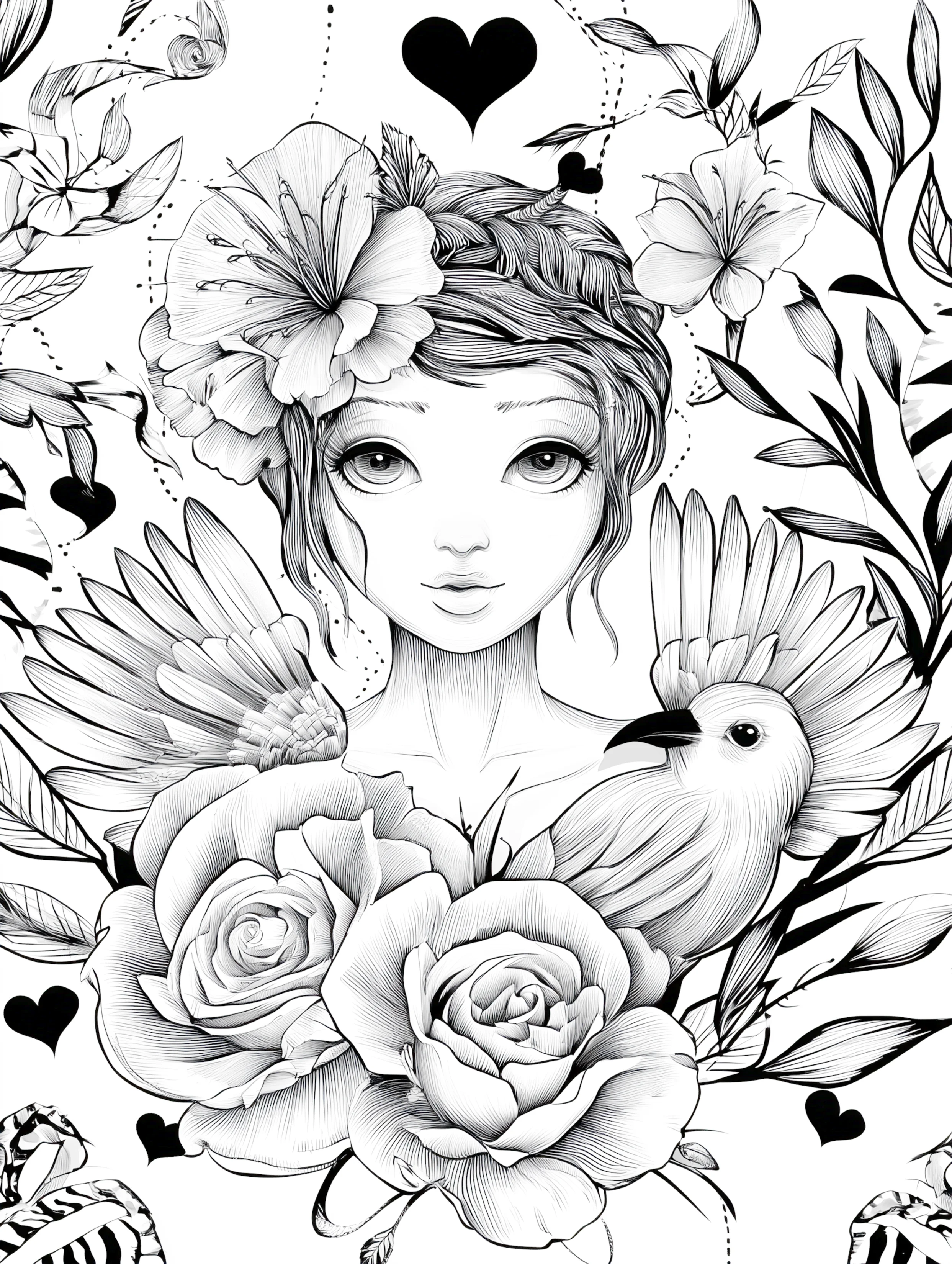 Free printable beautiful fairy coloring page featuring a leaning bird with fairy